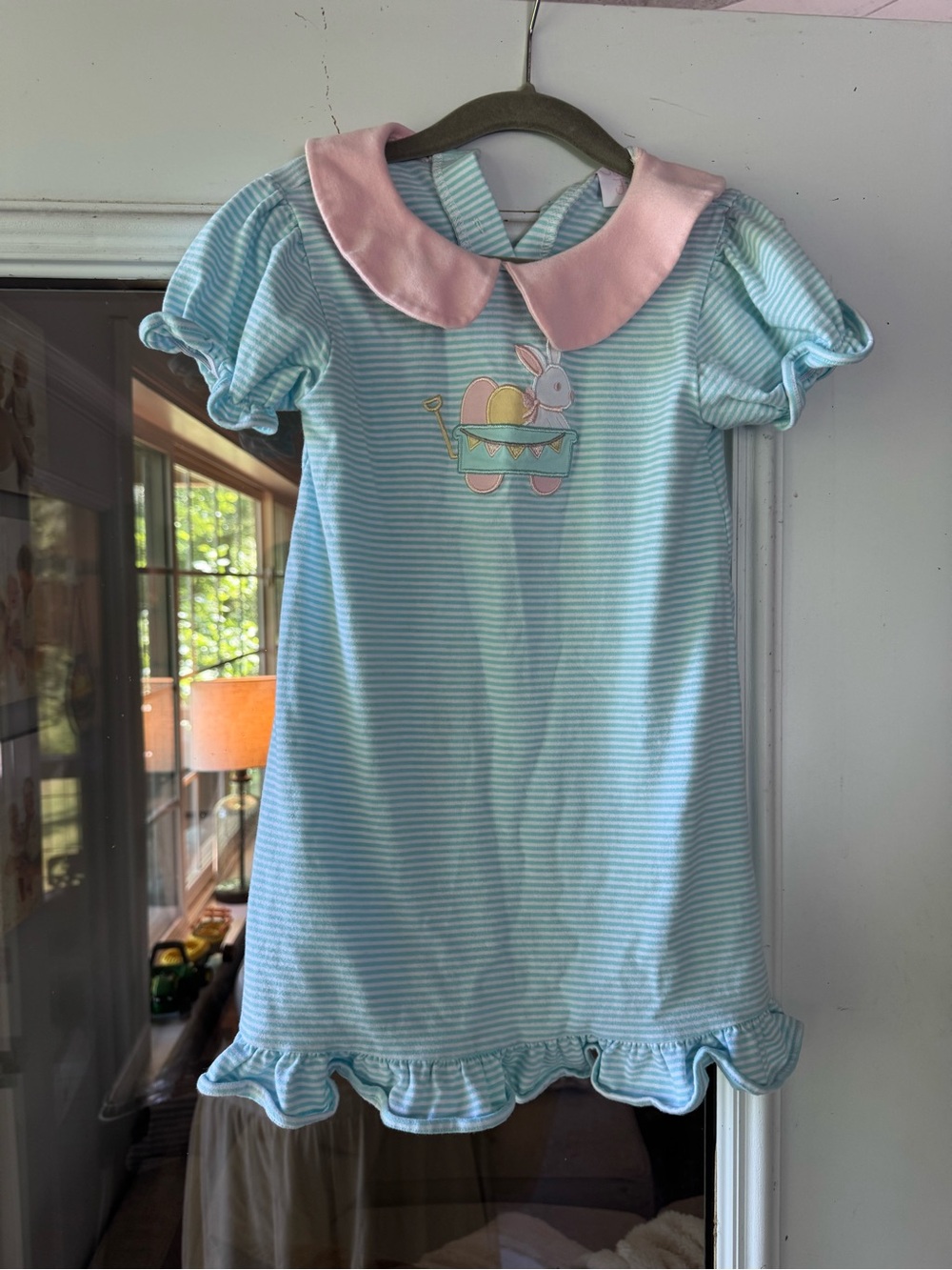 Girls' Light Blue Striped Dress with Pink Collar - Bunny Wagon Embroidery